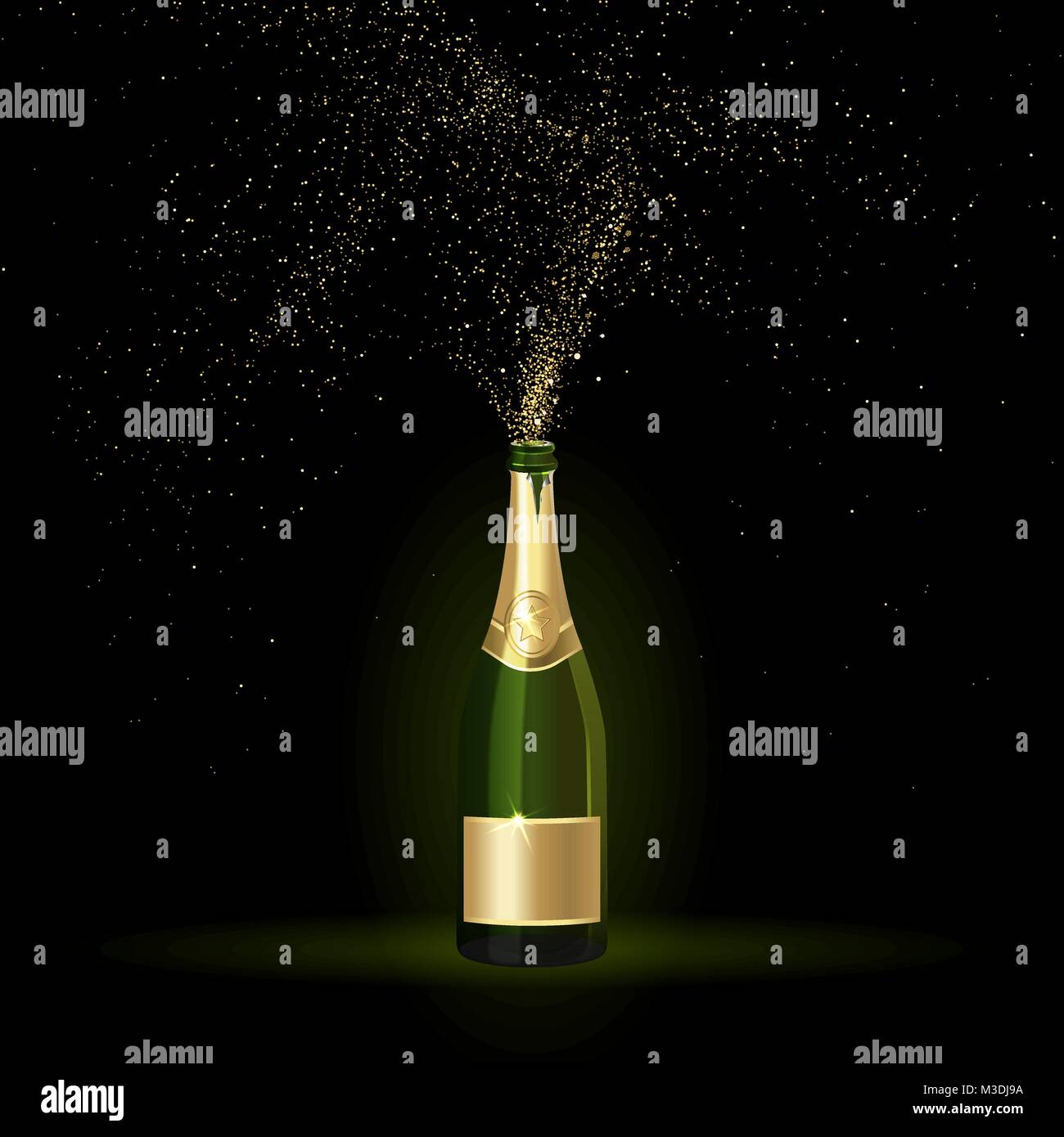 Con una bottiglia di champagne e coriandoli oro su sfondo nero Illustrazione Vettoriale