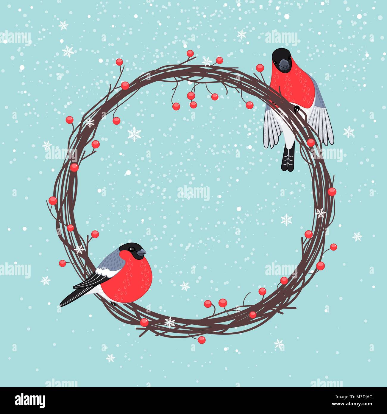 Ghirlanda di Natale con bullfinches e caduta di fiocchi di neve Illustrazione Vettoriale