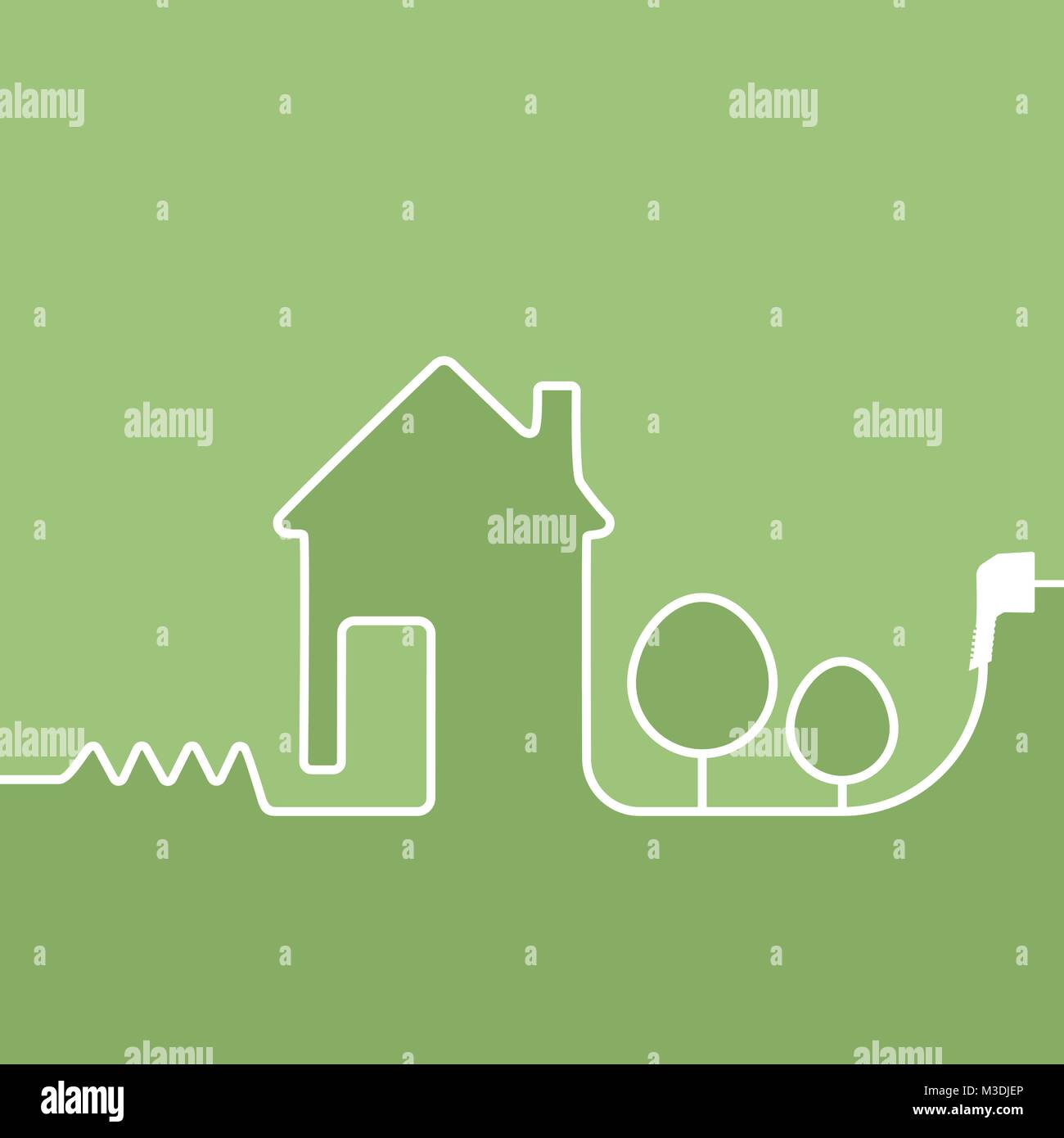 Cavo elettrico con spina mostra casa su uno sfondo verde Illustrazione Vettoriale