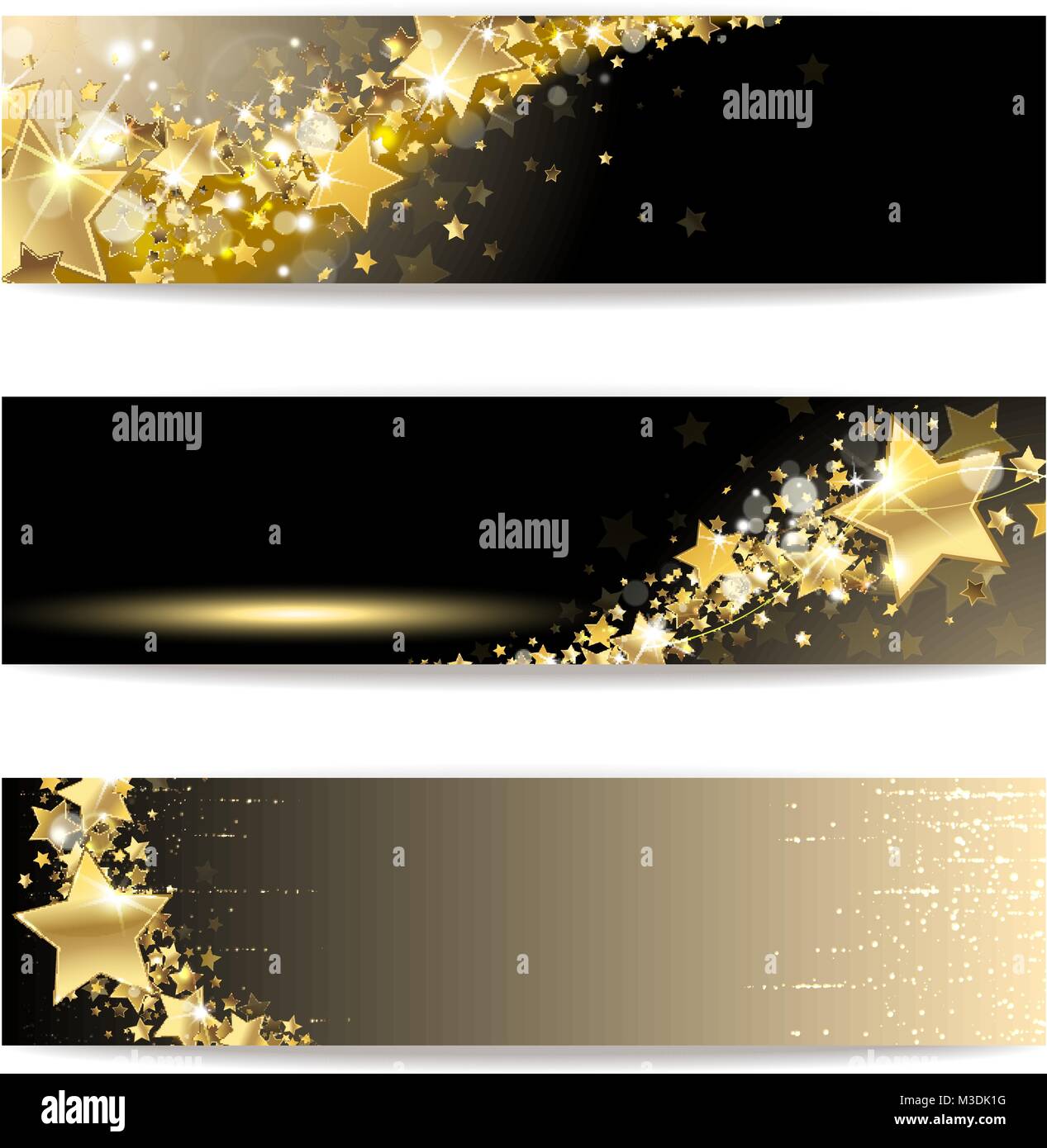 Set di banner con stelle dorate su sfondo scuro Illustrazione Vettoriale