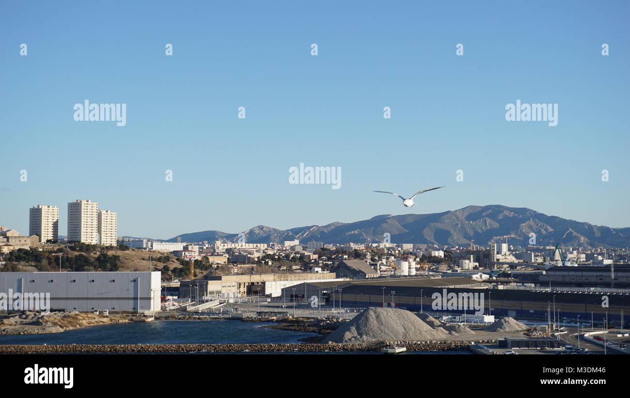 La crociera nel Mediterraneo - Marsiglia, nel sud della Francia su una nave di crociera in inverno - sea gull Foto Stock