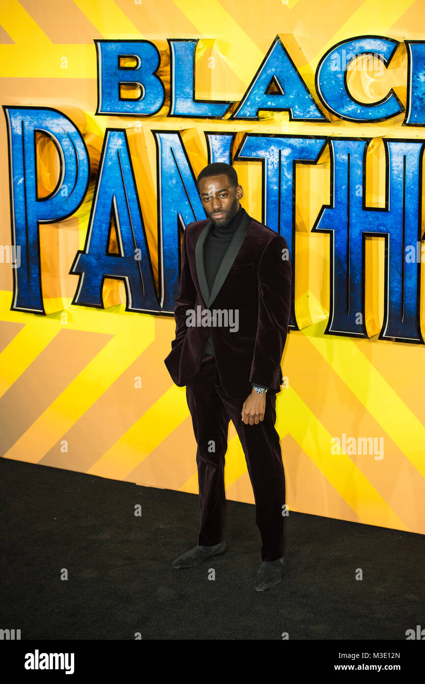 Ashley Thomas assiste la premiere europeo di Marvel Studios" "Black Panther' all'Eventim Apollo Hammersmith nel Febbraio 8, 2018 a Londra, Engla Foto Stock