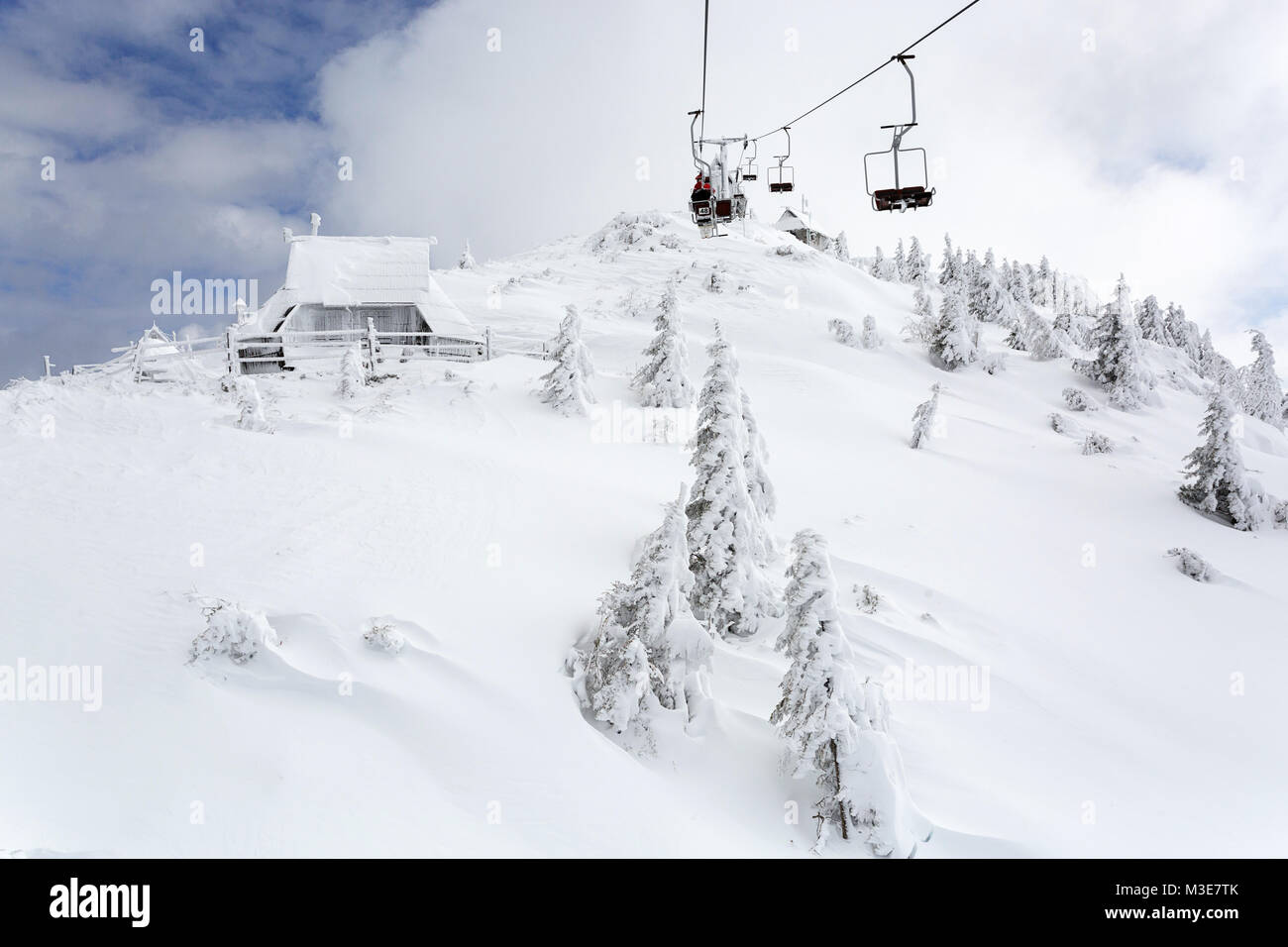 Doppia sede sollevare sopra coperta di neve collina con alberi di pino e cabine, Velika planina, Slovenia. Foto Stock