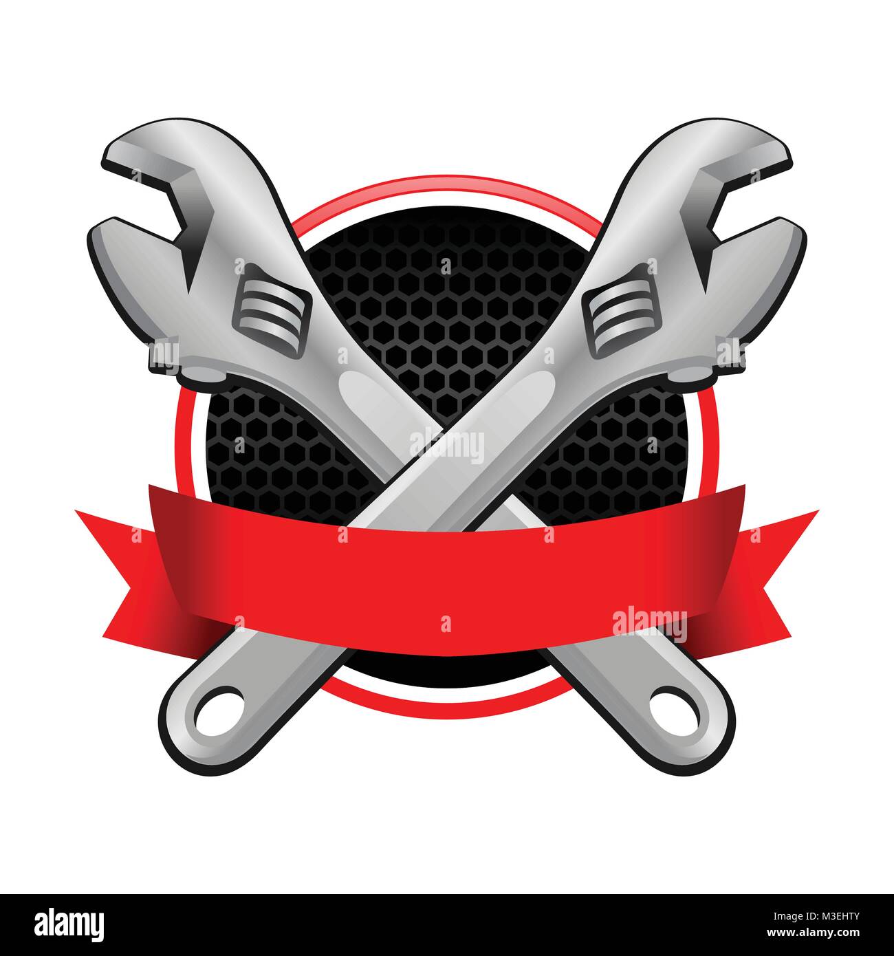 Chiave doppia croce Garage Emblema con Red Ribbon colorati oggetto Vector Graphic Design Illustrazione Illustrazione Vettoriale