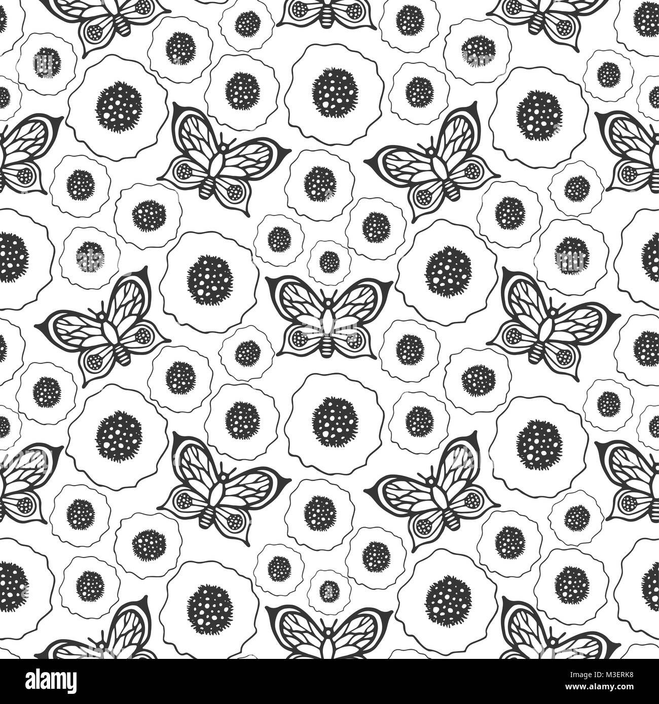 Farfalle e papaveri vettore seamless pattern. Illustrazione Vettoriale