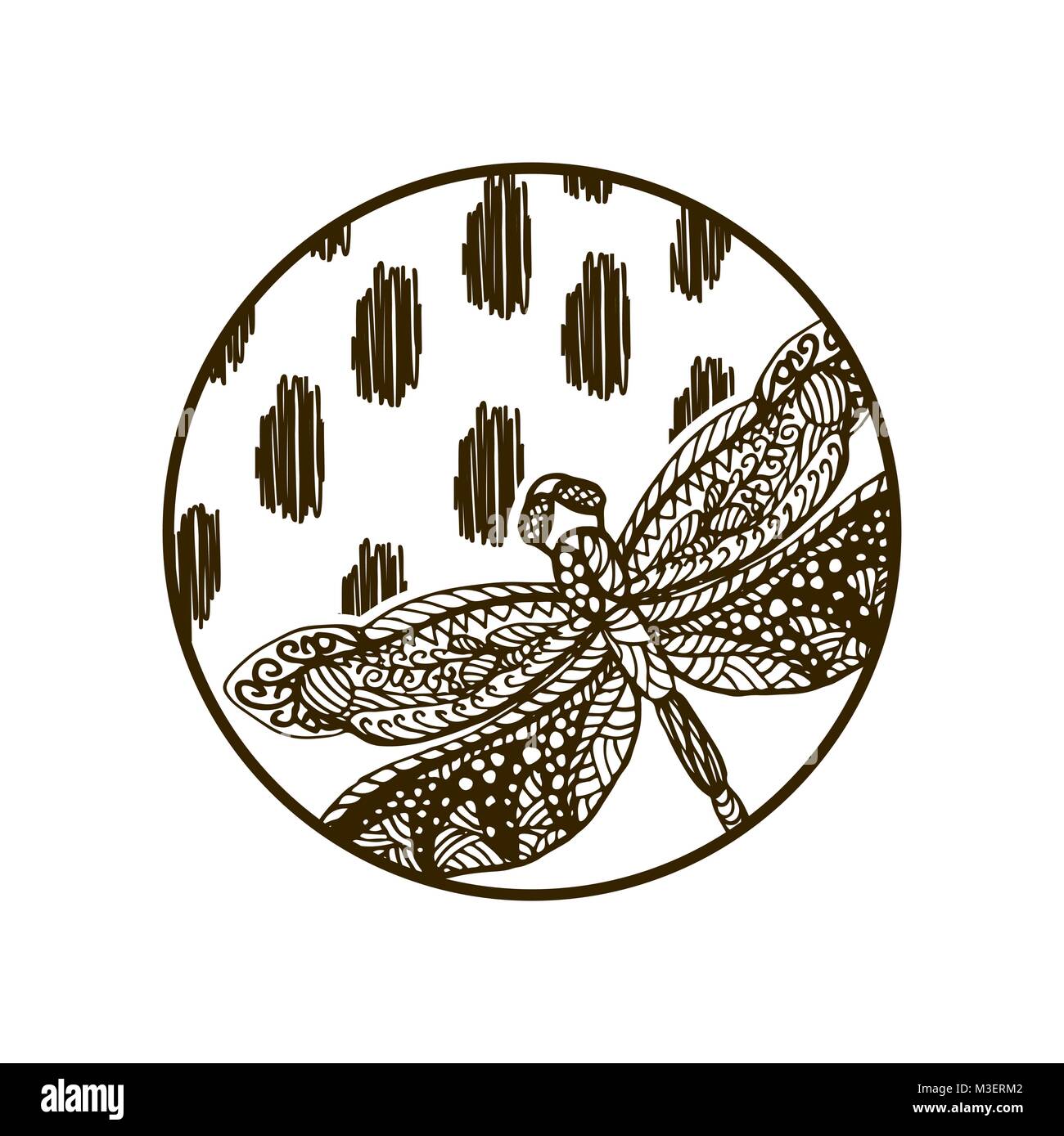 Dragonfly disegnati a mano silhouette piastra rotonda design. Illustrazione Vettoriale