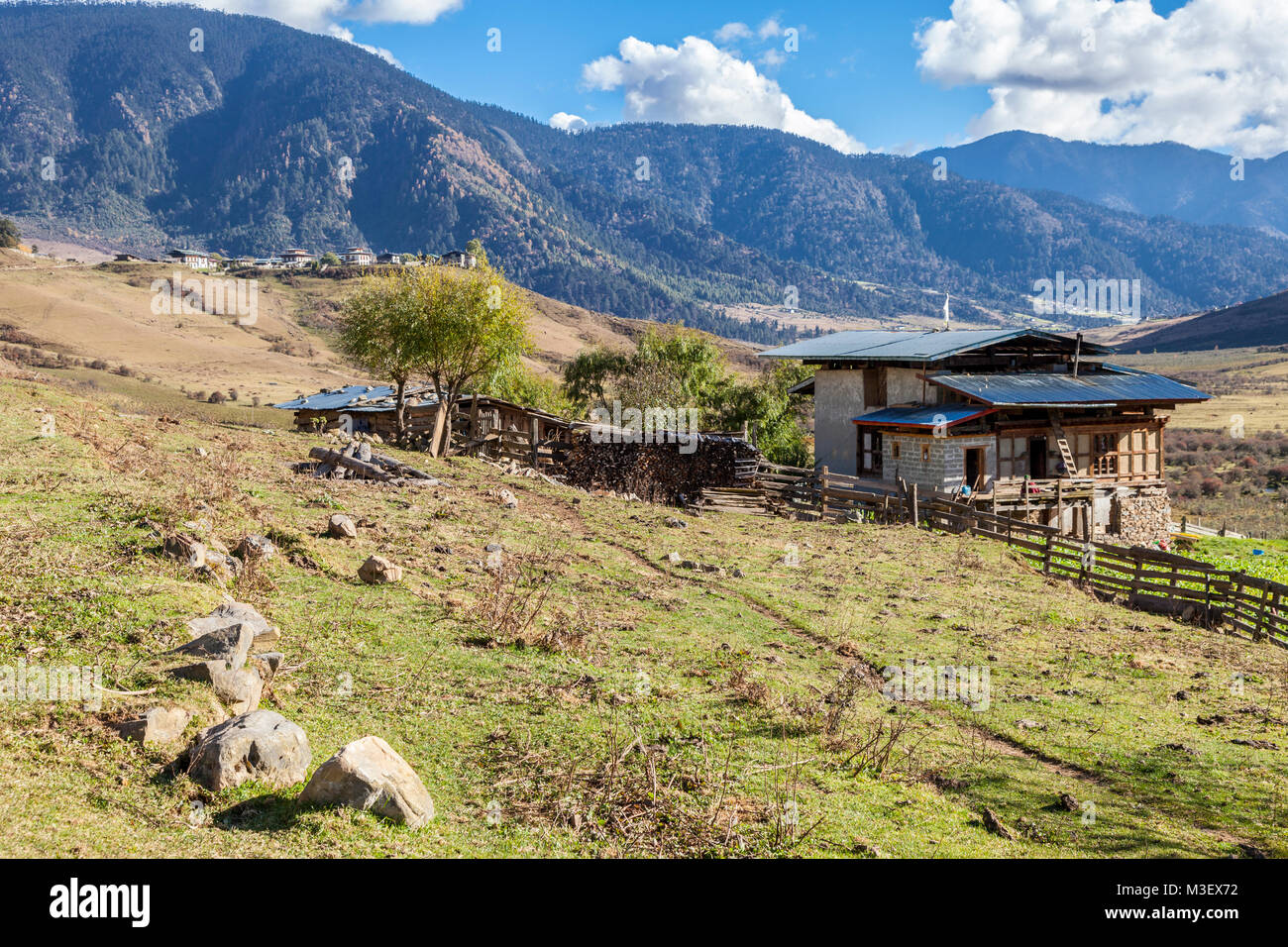 Phobjikha, Bhutan. Valle Phobjikha, una valle scavata dall'azione glaciale. Tipico della borghesia agriturismo sulla destra. Foto Stock