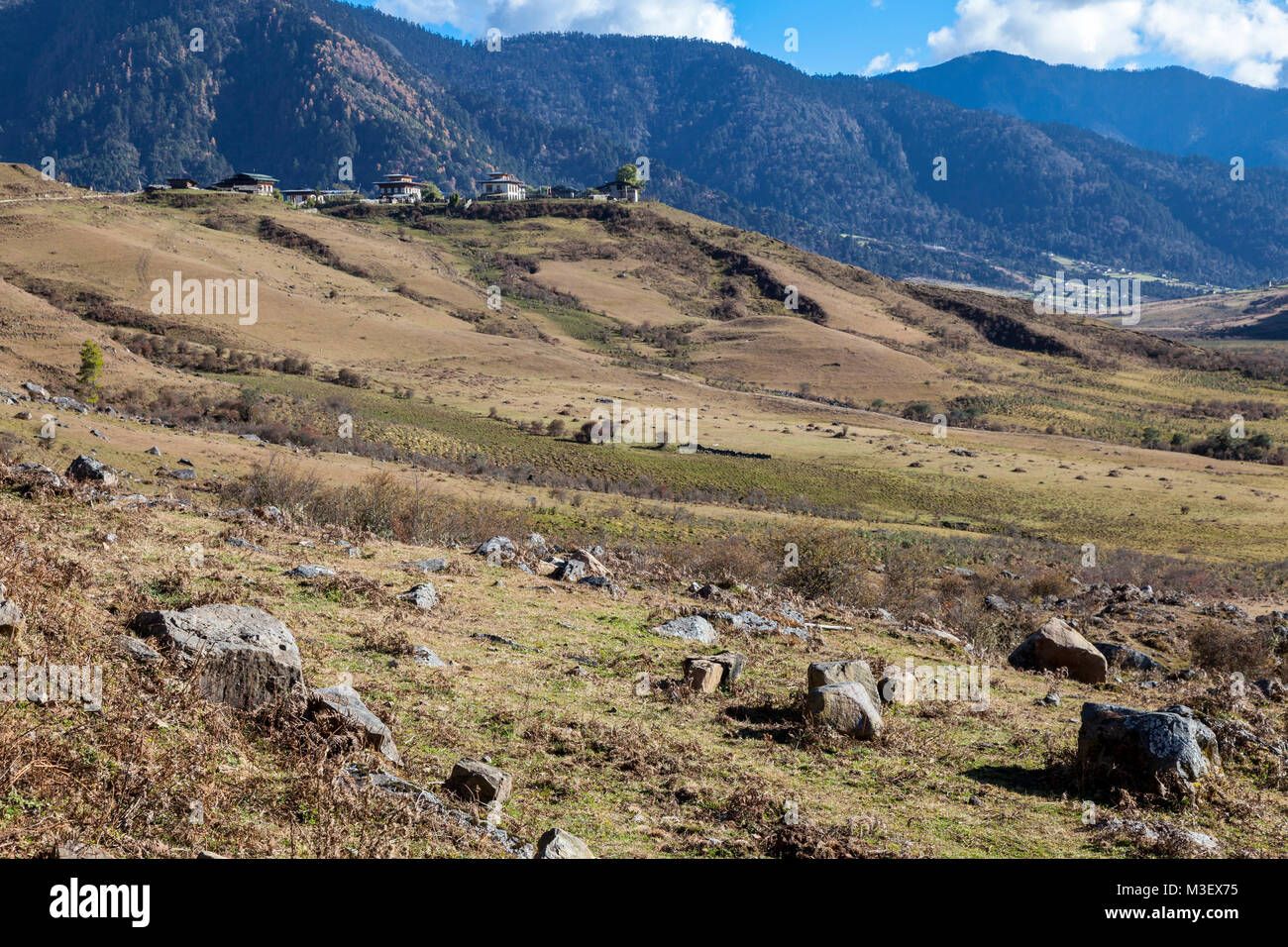 Phobjikha, Bhutan. Il villaggio di avvicinamento di Kikorthang, affacciato su una valle scavata dall'azione glaciale nei foothills dell'Himalaya. Foto Stock