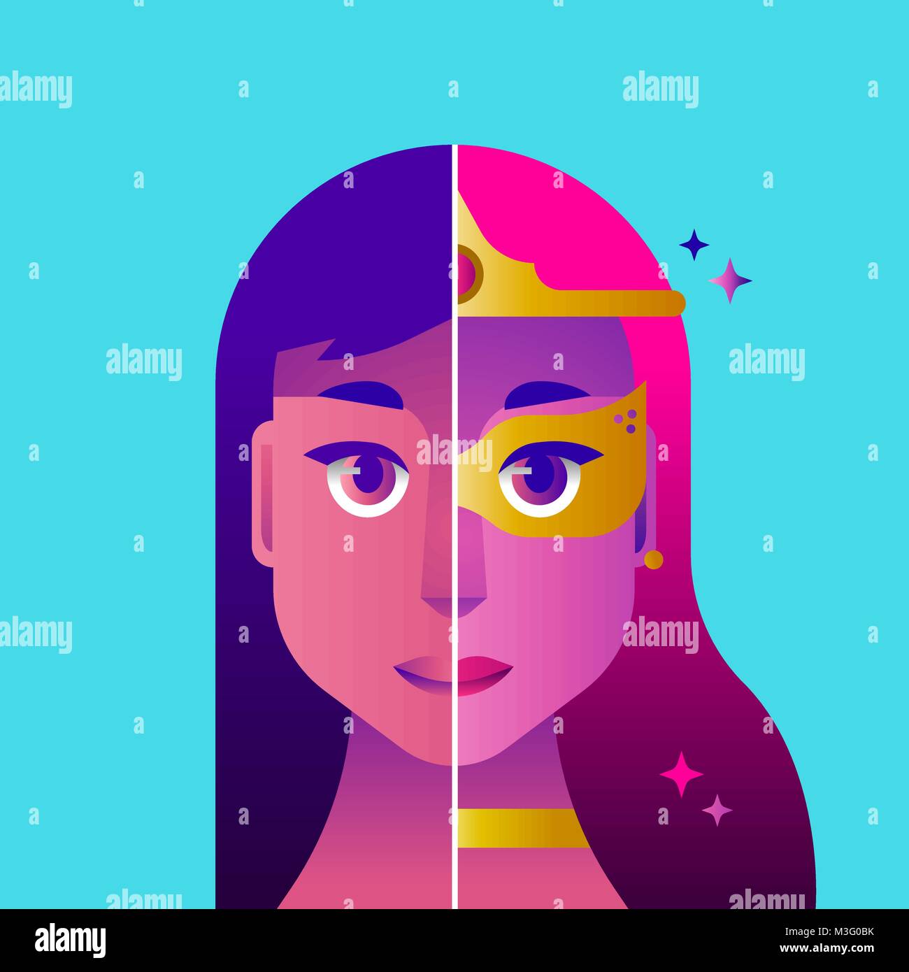 Super donna faccia concetto illustrazione. Il supereroe ragazza con hero costume e maschera in appartamento moderno gradienti di colore rosa. EPS10 vettore. Illustrazione Vettoriale