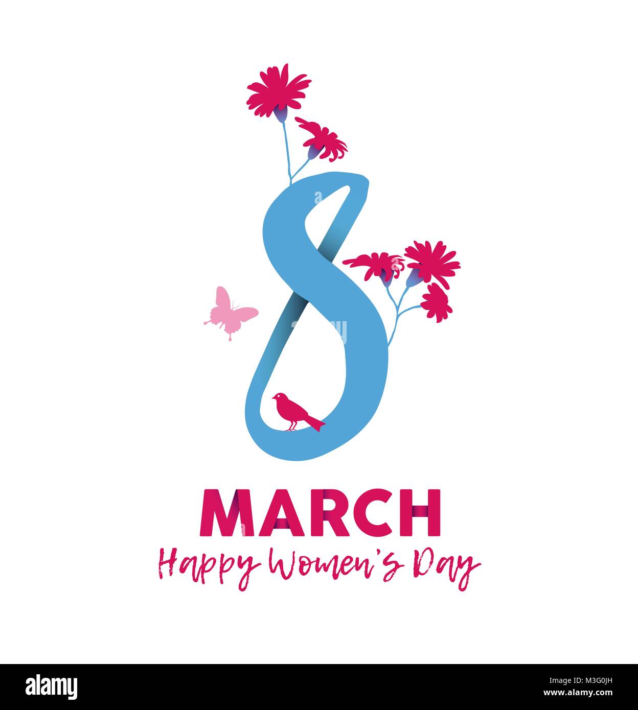 Buon Giorno della donna 2018 floral biglietto di auguri, figura femminile con 8 marzo citazione di testo e fiori di primavera in mano stile disegnato. EPS10 vettore. Illustrazione Vettoriale