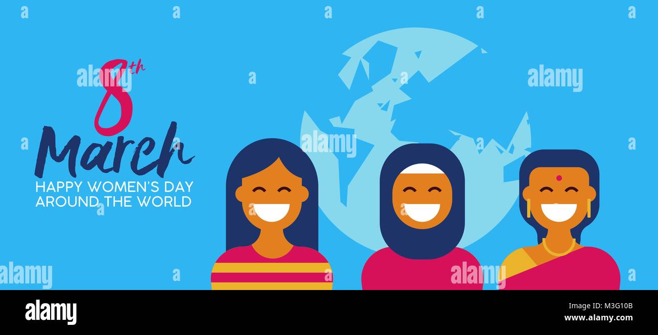 Felice Giornata della donna 8 marzo illustrazione, gruppo etnico di donne in abbigliamento tradizionale per diversi tipi di worlwide celebrazione. Scheda orizzontale formato per w Illustrazione Vettoriale