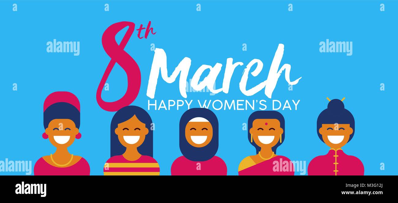 Felice Giornata della donna 8 marzo illustrazione, gruppo etnico di donne in abbigliamento tradizionale per diversi tipi di worlwide celebrazione. Scheda orizzontale formato per w Illustrazione Vettoriale