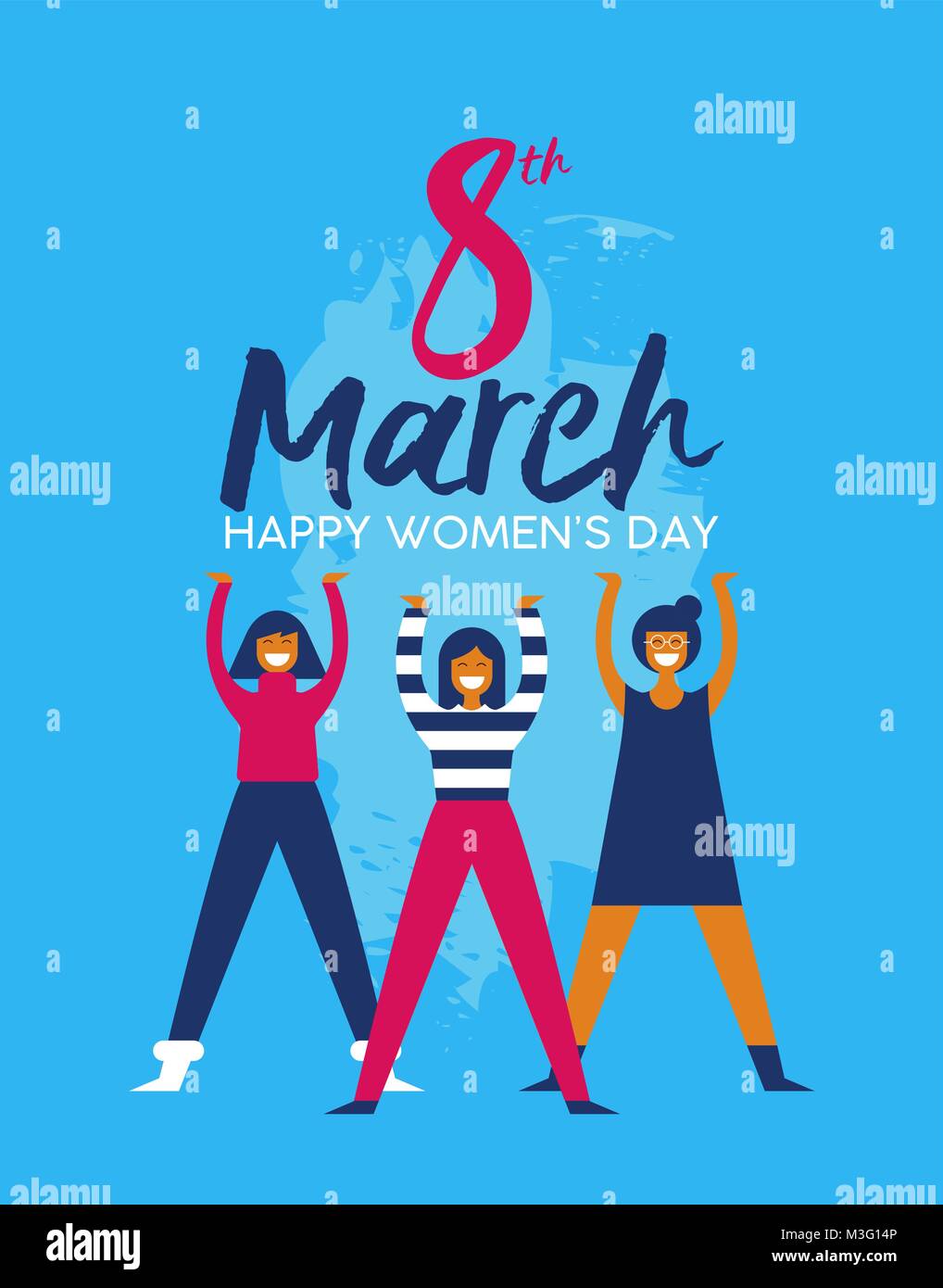 Felice Giornata della donna 8 marzo greeting card illustrazione, gruppo di diverse ragazze insieme per un evento sociale celebrazione. EPS10 vettore. Illustrazione Vettoriale