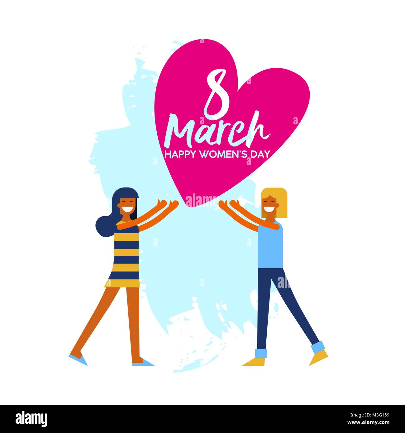 Felice Giornata della donna 8 marzo greeting card illustrazione, amicizia amore concetto con ragazze tenendo un grande cuore e la citazione di testo. EPS10 vettore. Illustrazione Vettoriale