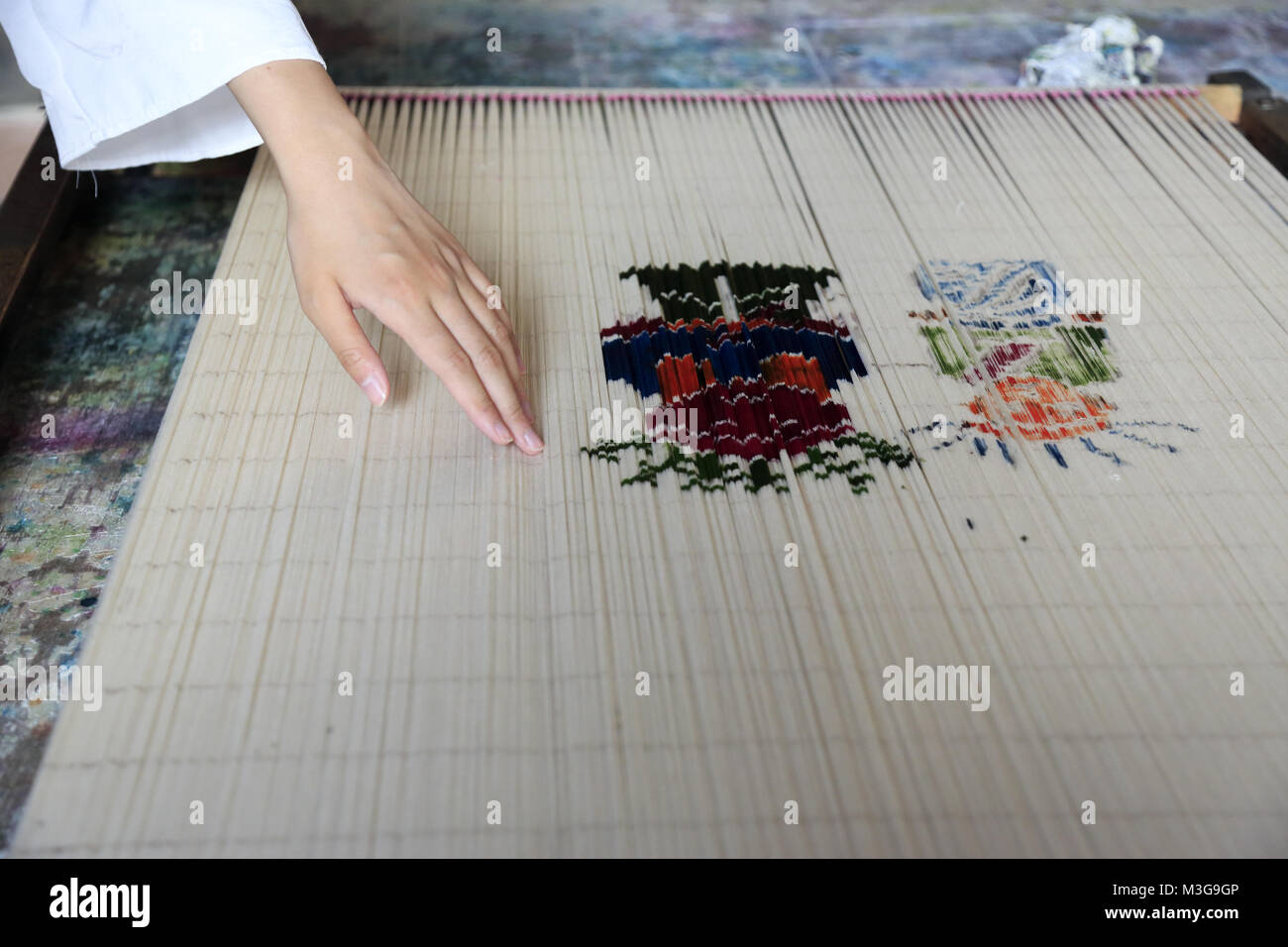 Un modello di progettazione per tenun ikat mostrando in tessuti ikat mostrando Tenun Putri Ayu workshop. Villaggio Blahbatuh. Gianyar regency. Bali.Indonesia Foto Stock