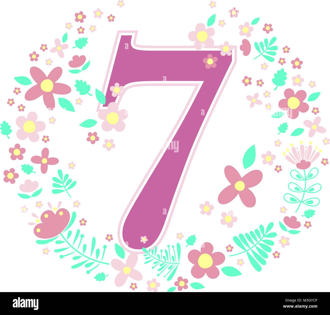 Numero 7 con fiori decorativi ed elementi di design isolato su sfondo bianco possono essere usati per bambina nascita,l'età,compleanno, nursery decorazione, s Illustrazione Vettoriale