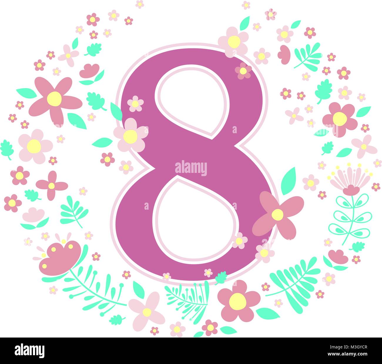 Numero 8 con fiori decorativi ed elementi di design isolato su sfondo bianco possono essere usati per bambina nascita,l'età,compleanno, nursery decorazione, s Illustrazione Vettoriale