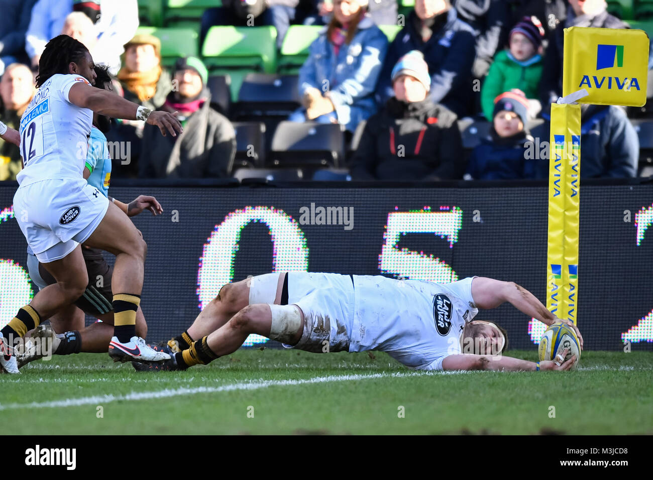 Twickenham, Regno Unito. Xi Febbraio, 2018. Tommaso giovane di vespe ha conquistato il suo secondo lato provare durante la Aviva Premiership match tra arlecchini e vespe a Twickenham Stoop Domenica, 11 febbraio 2018. Londra Inghilterra. Credito: Taka Wu/Alamy Live News Foto Stock