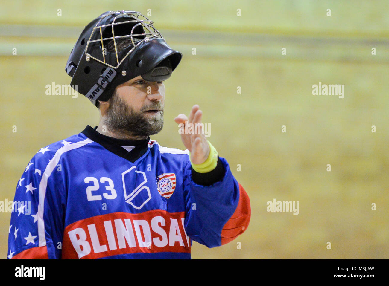 Toronto, Canada. Xi Febbraio, 2018. Frank Terence durante gli USA vs Canada floorball team nazionale partita del Nord America campionato mondiale il qualificatore a Ryerson University - Kerr Hall palestra (punteggio: 4-5 Canada win) Credito: Anatoliy Cherkasov/Alamy Live News Foto Stock