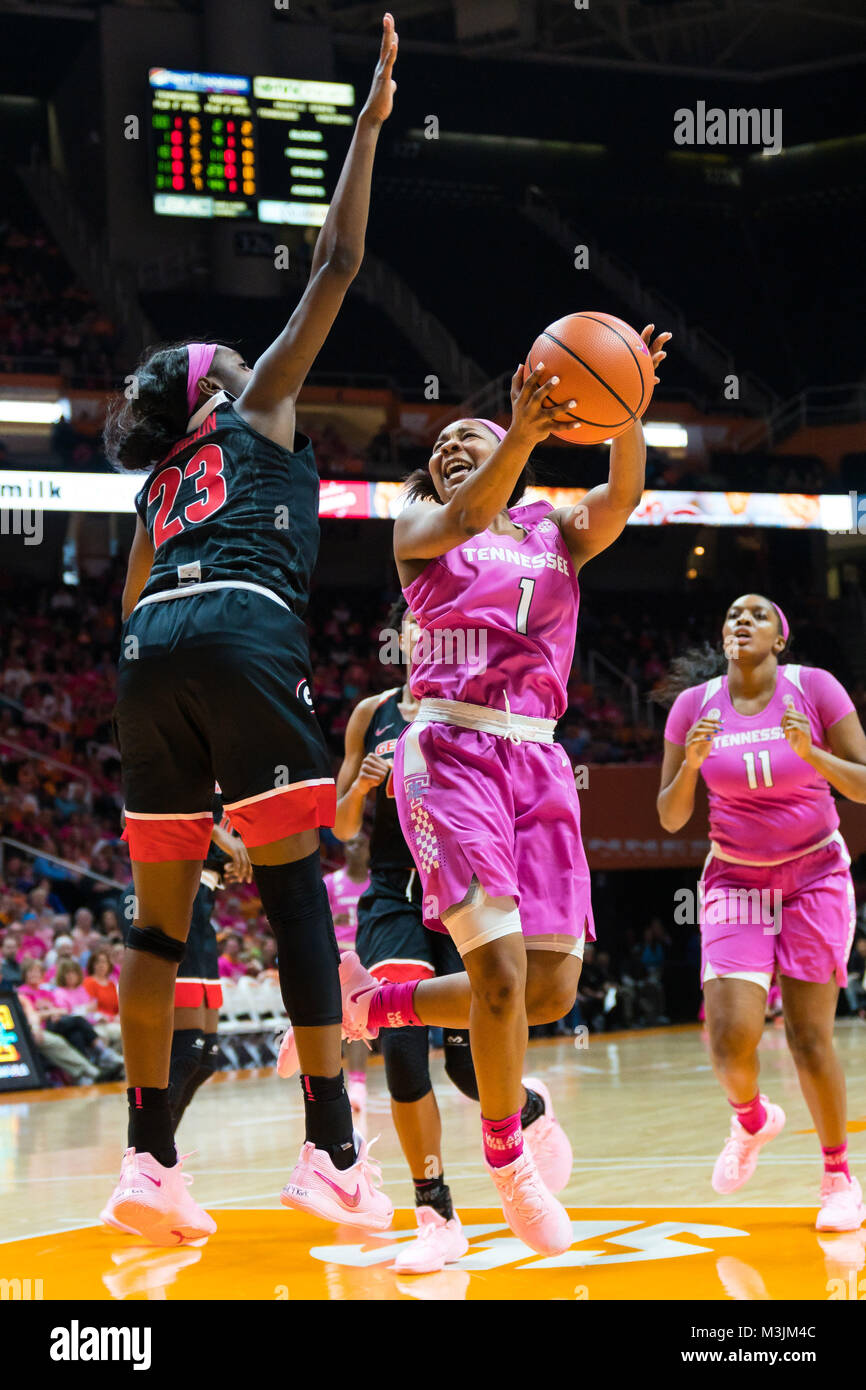 11 febbraio 2018: Anastasia Hayes #1 del Tennessee Lady Volunteers cerca di germogli la palla su Que Morrison #23 della Georgia Bulldogs durante il NCAA pallacanestro tra la University of Tennessee Lady volontari e l'Università di Georgia Bulldogs a Thompson Boling Arena a Knoxville TN Tim Gangloff/CSM Foto Stock