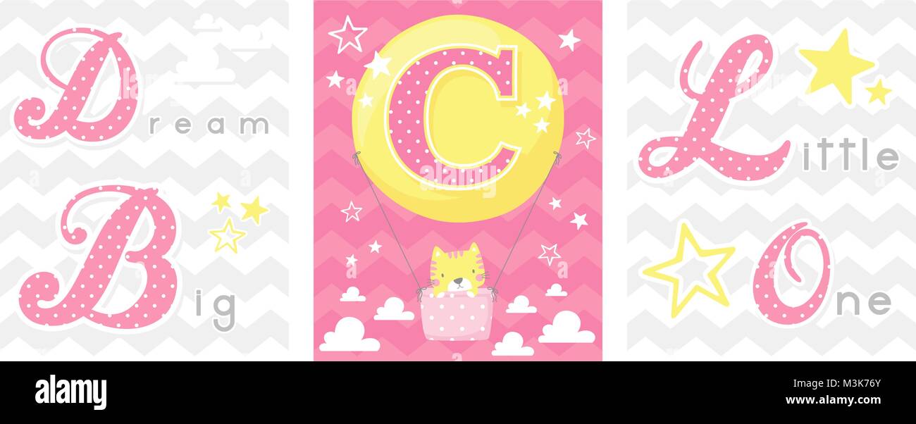 Set di poster di sognare in grande un po' uno slogan con baby cat e il palloncino con iniziale c. può essere utilizzato per il vivaio art decor, neonato decorazione e ba Illustrazione Vettoriale