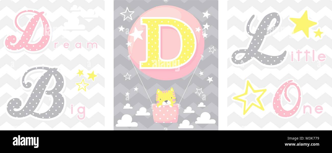 Set di poster di sognare in grande un po' uno slogan con baby cat e il palloncino con iniziale d. può essere utilizzato per il vivaio art decor, neonato decorazione e ba Illustrazione Vettoriale