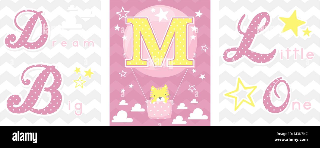 Set di poster di sognare in grande un po' uno slogan con baby cat e il palloncino con iniziale m. Può essere utilizzato per il vivaio art decor, neonato decorazione e ba Illustrazione Vettoriale