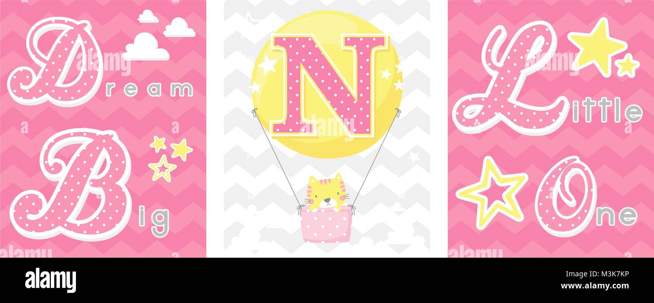 Set di poster di sognare in grande un po' uno slogan con baby cat e il palloncino con iniziale n. può essere utilizzato per il vivaio art decor, neonato decorazione e ba Illustrazione Vettoriale