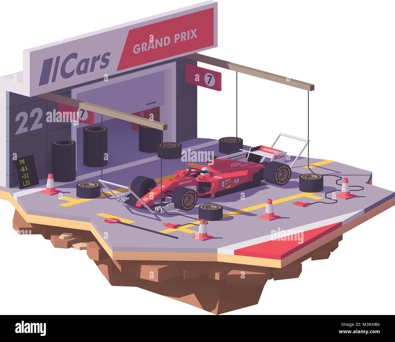 Vettore low poly racing car e pit stop Illustrazione Vettoriale