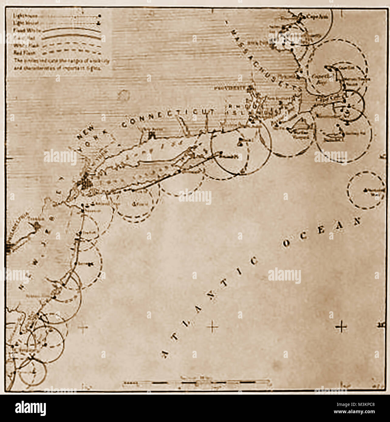 Vecchio American fari, stazioni di luce e ausili alla navigazione - 1923 Stati Uniti grafico di tutti i fari rispetto alle entrate di New York, Boston e Philadelphia nel 1923 Foto Stock