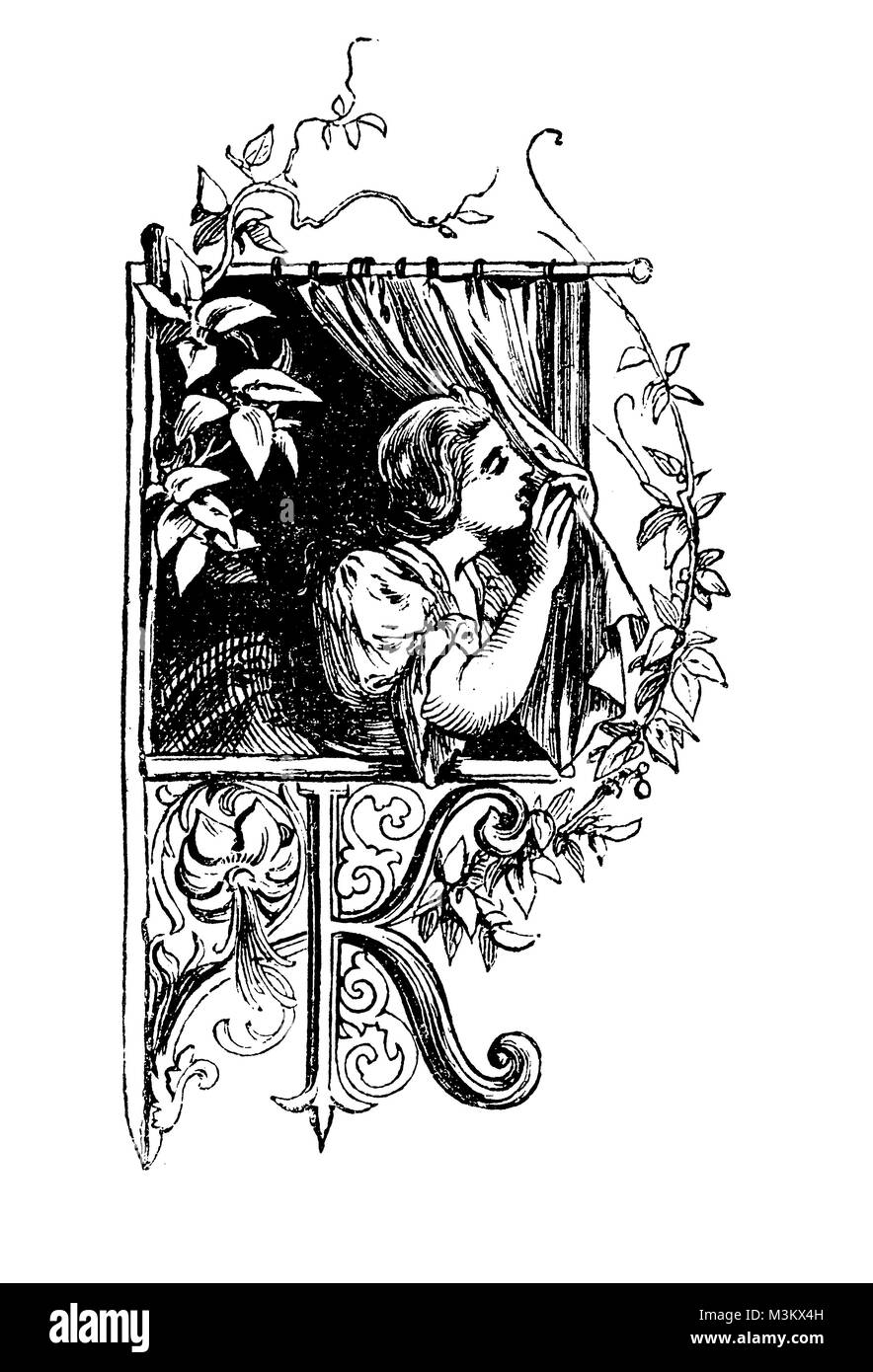 Giovane donna alla finestra, capitolo grafica frontale con lettera maiuscola K, vintage Foto Stock
