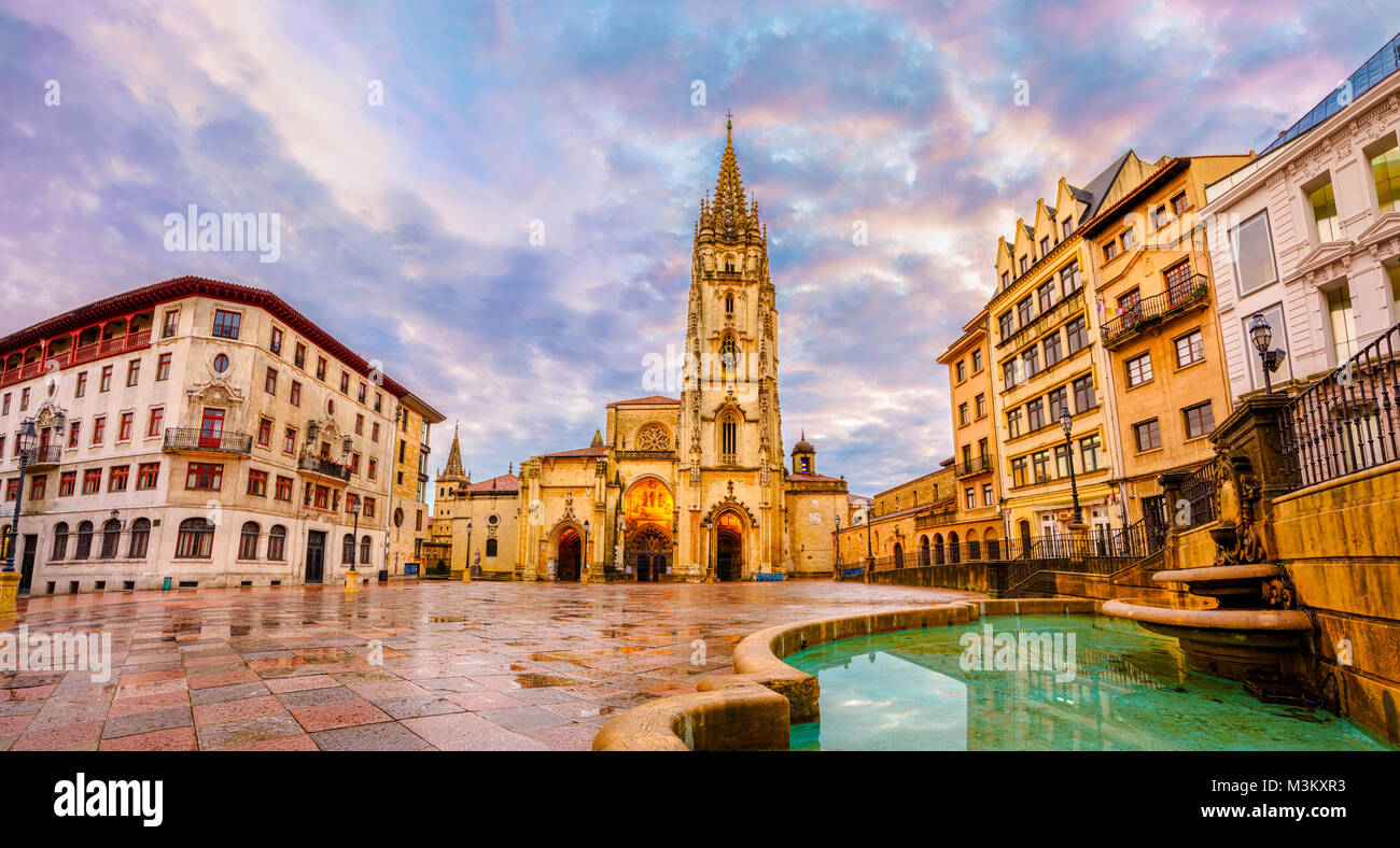 La Cattedrale di Oviedo, Spagna, fu fondata dal re Fruela I delle Asturie nel 781 d.c. e si trova nell'Alfonso II square. Foto Stock