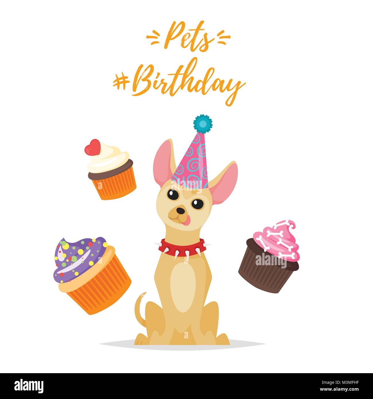 Vettore stile fumetto illustrazione del cane festa di compleanno biglietto di auguri con chihuahua cane nel cono di festosa hat e cane trattare su sfondo bianco. Illustrazione Vettoriale