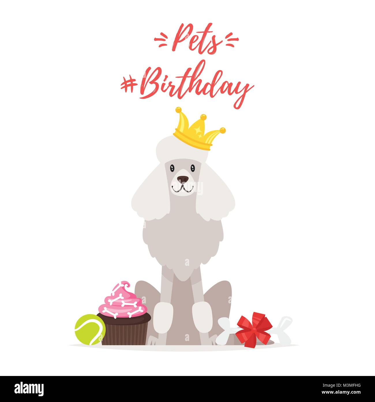 Vettore stile fumetto illustrazione del cane festa di compleanno biglietto di auguri con il barboncino con Golden crown e presenta. Illustrazione Vettoriale