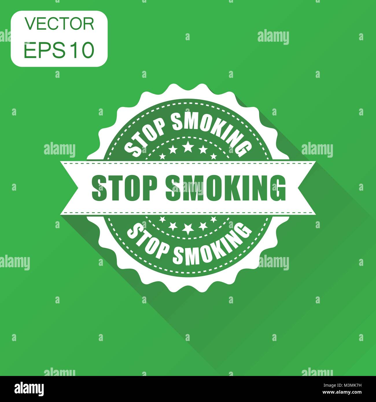 Smettere di fumare timbro di gomma e la relativa icona. Il concetto di Business nessun fumo timbro pittogramma. Illustrazione Vettoriale su sfondo verde con lunga ombra. Illustrazione Vettoriale