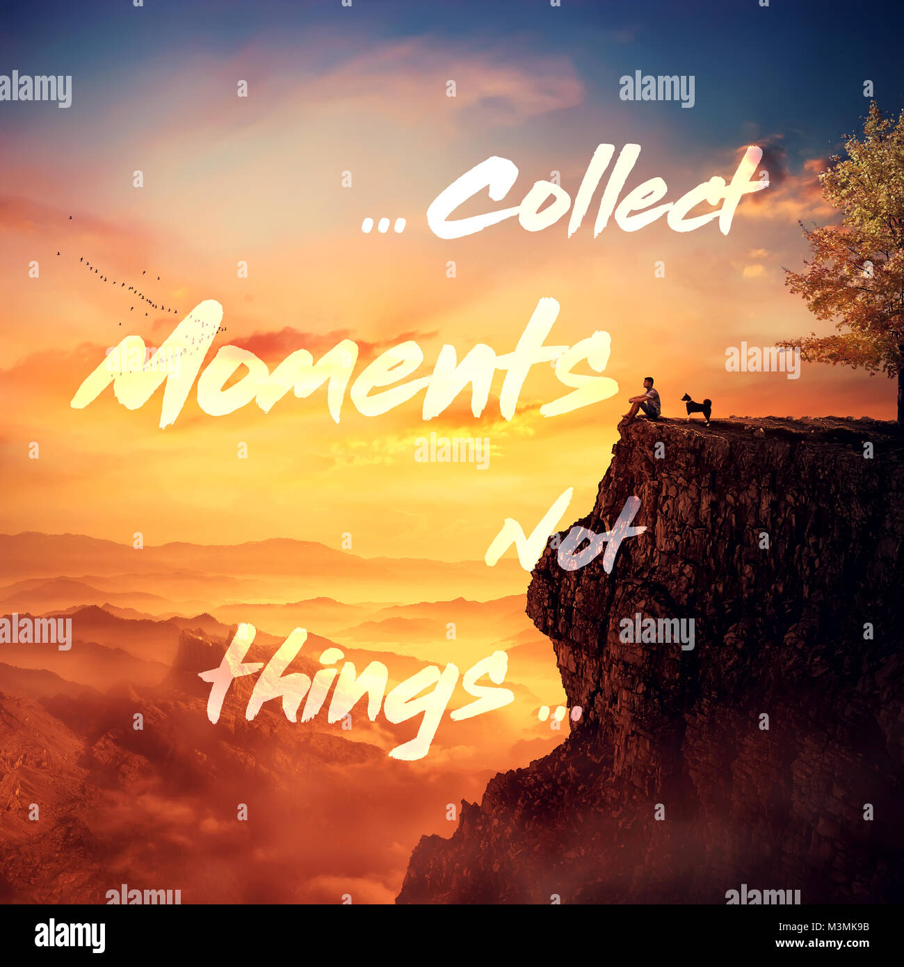 Testo motivazionale, raccogliere momenti non le cose, su sfondo al tramonto e un giovane uomo con il suo fedele cane permanente sulla vetta. Ricordando l'infanzia Foto Stock