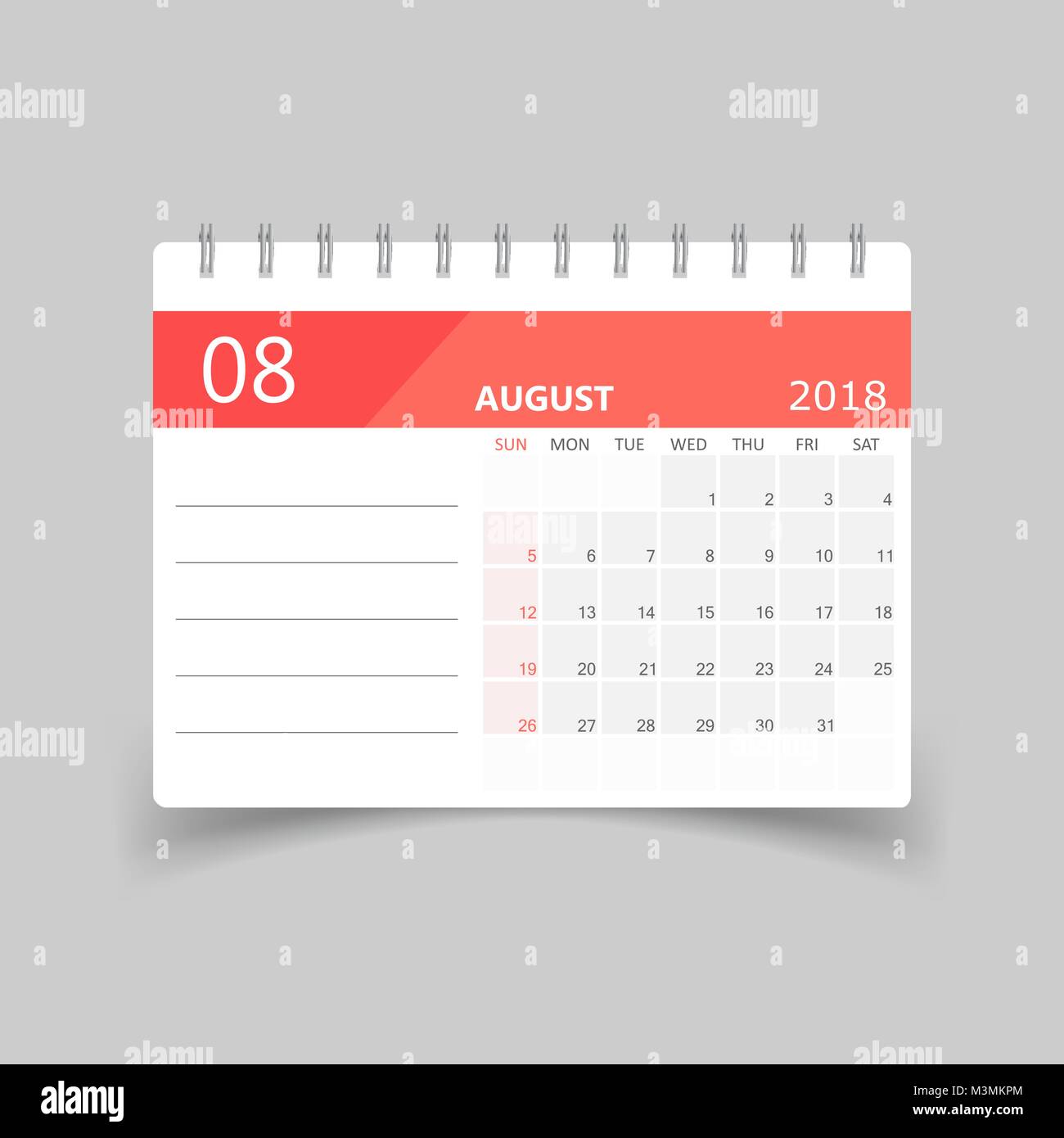Agosto 2018 Calendario. Calendario planner Design modello. Settimana comincia la domenica. Business illustrazione vettoriale. Illustrazione Vettoriale