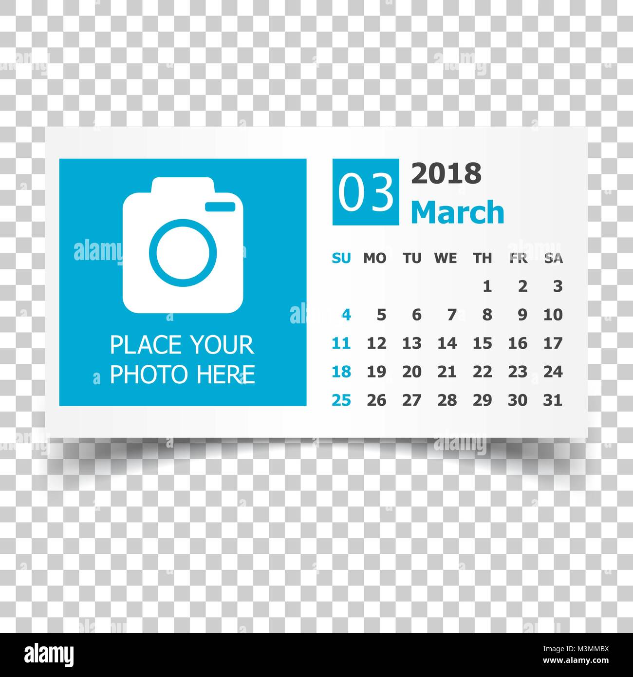 Marzo 2018 Calendario. Calendario planner modello di progettazione con posto per foto. Settimana comincia la domenica. Business illustrazione vettoriale. Illustrazione Vettoriale