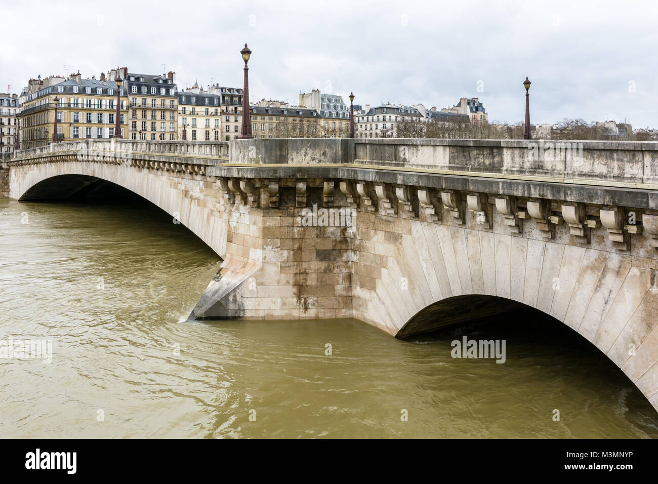 Il Pont de la Tournelle' di Parigi, tra l' isola Saint-Louis e la riva sinistra della Senna, durante l'inverno episodio di allagamento del gennaio 2018 Foto Stock