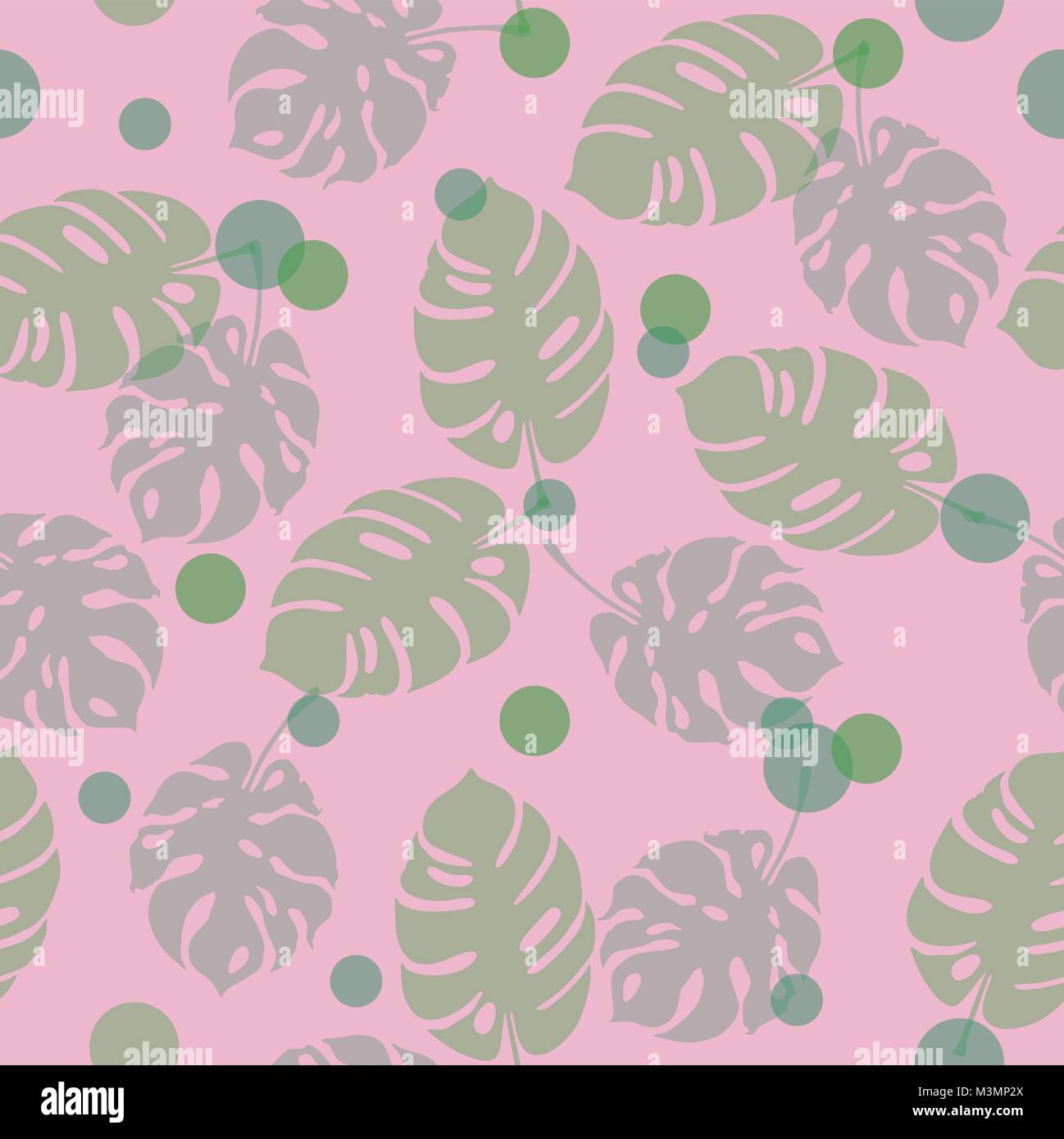 Seamless pattern tropicale con mostera deliciosa e punti in verde e rosa pastello colori. Illustrazione Vettoriale