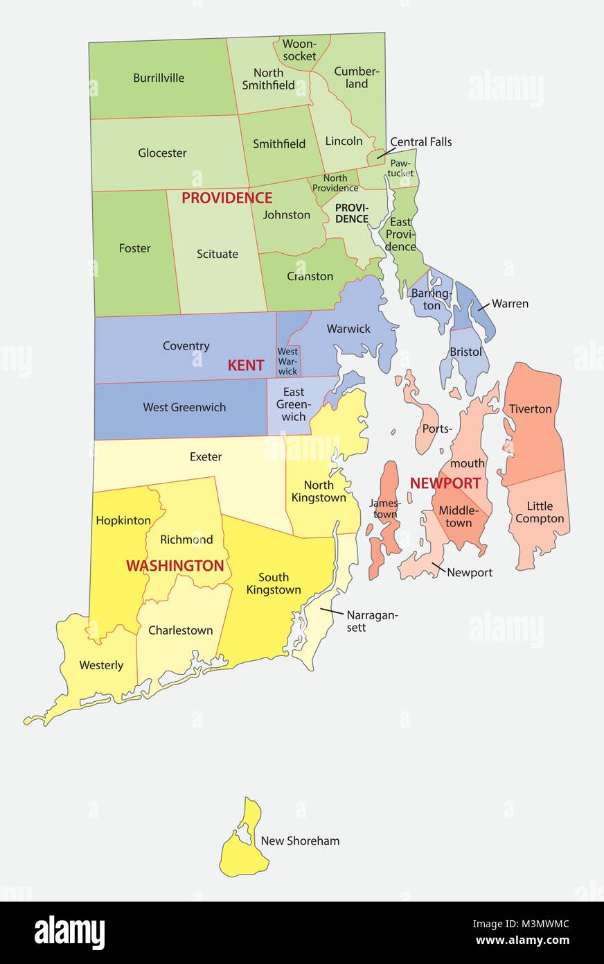 La Rhode Island county e la città mappa vettoriale Illustrazione Vettoriale