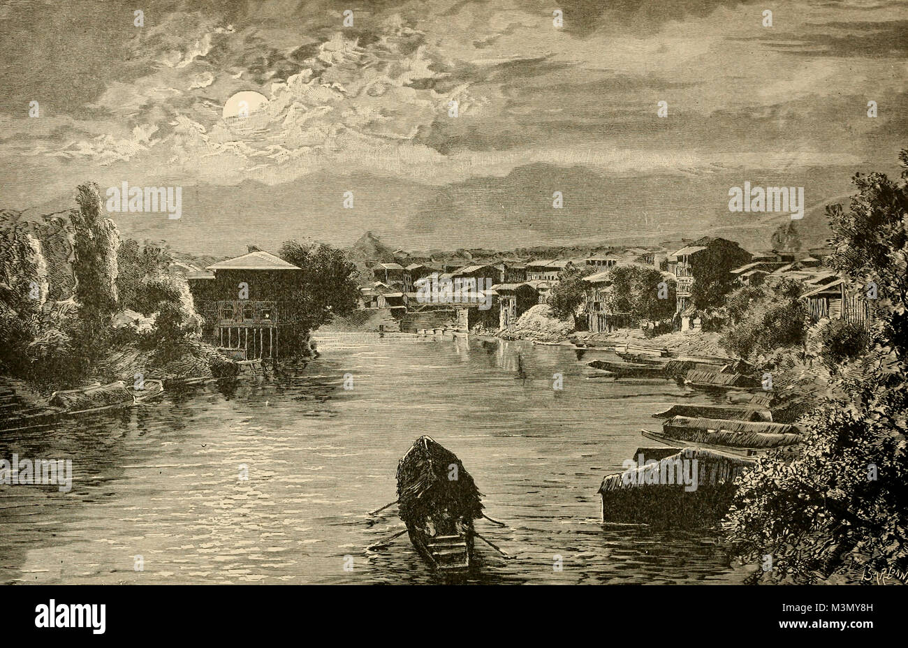 Gite in barca al chiaro di luna sul fiume Indo, 1800 Foto Stock