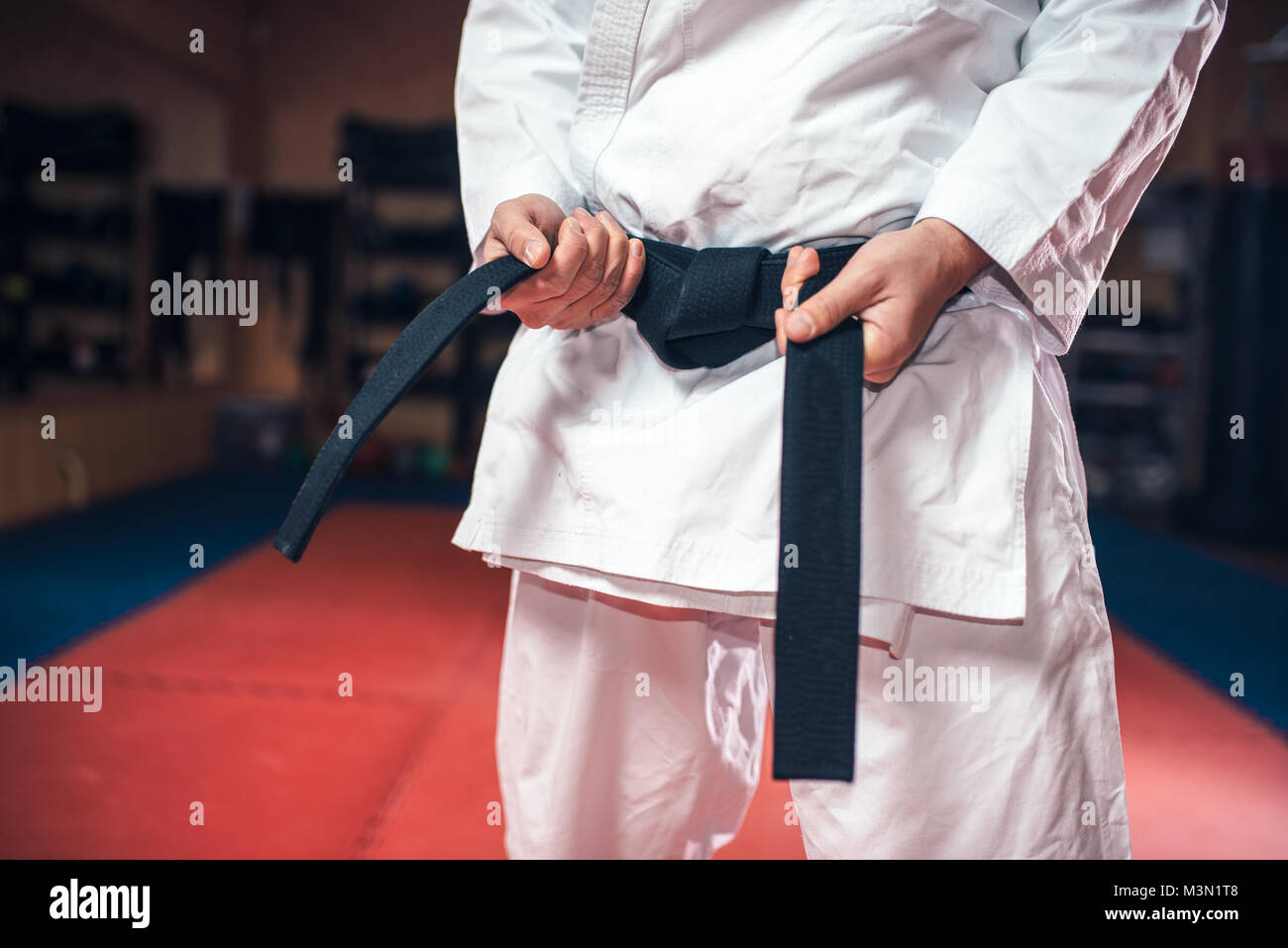 Arti marziali karate, persona di sesso maschile in kimono bianco con cintura  nera, karate formazione in palestra Foto stock - Alamy