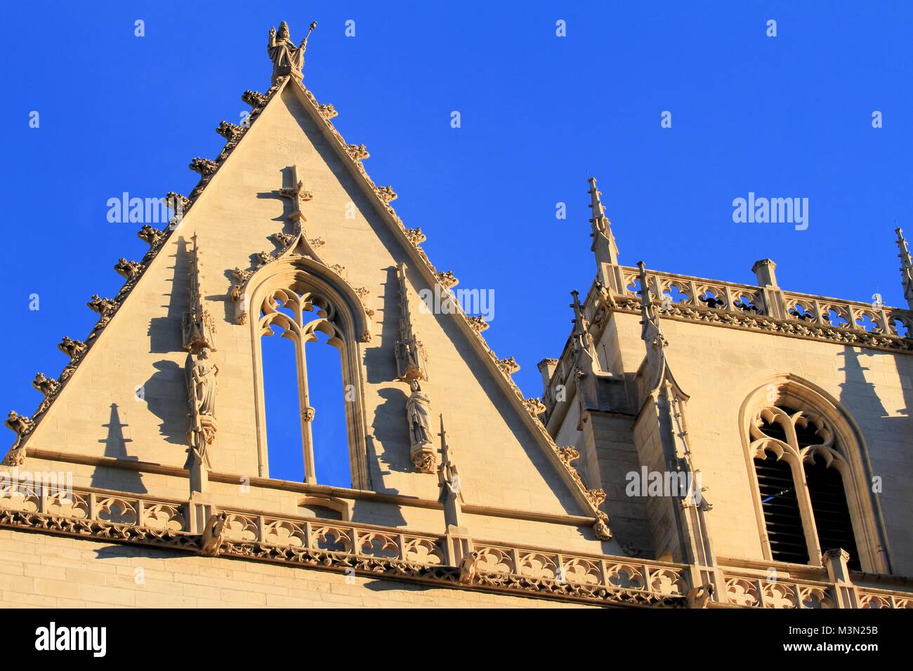Vista ravvicinata della Cattedrale Saint-Jean facciata a Lione, Francia Foto Stock