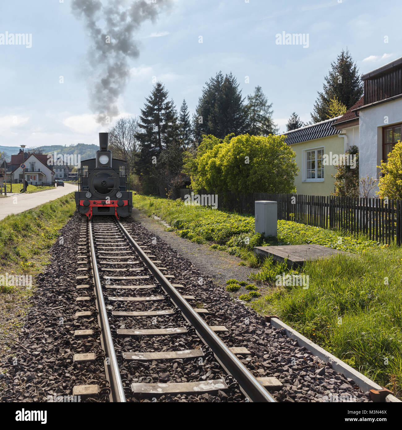 Locomotore ferroviario scorre su binari ferroviari in primavera Foto Stock