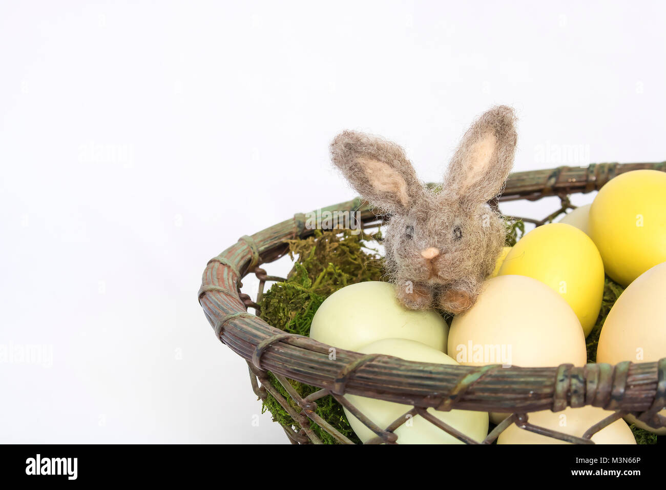 Piccolo feltrati Bunny Rabbit siede sulle uova colorate nel cestello in filo metallico su sfondo bianco Foto Stock