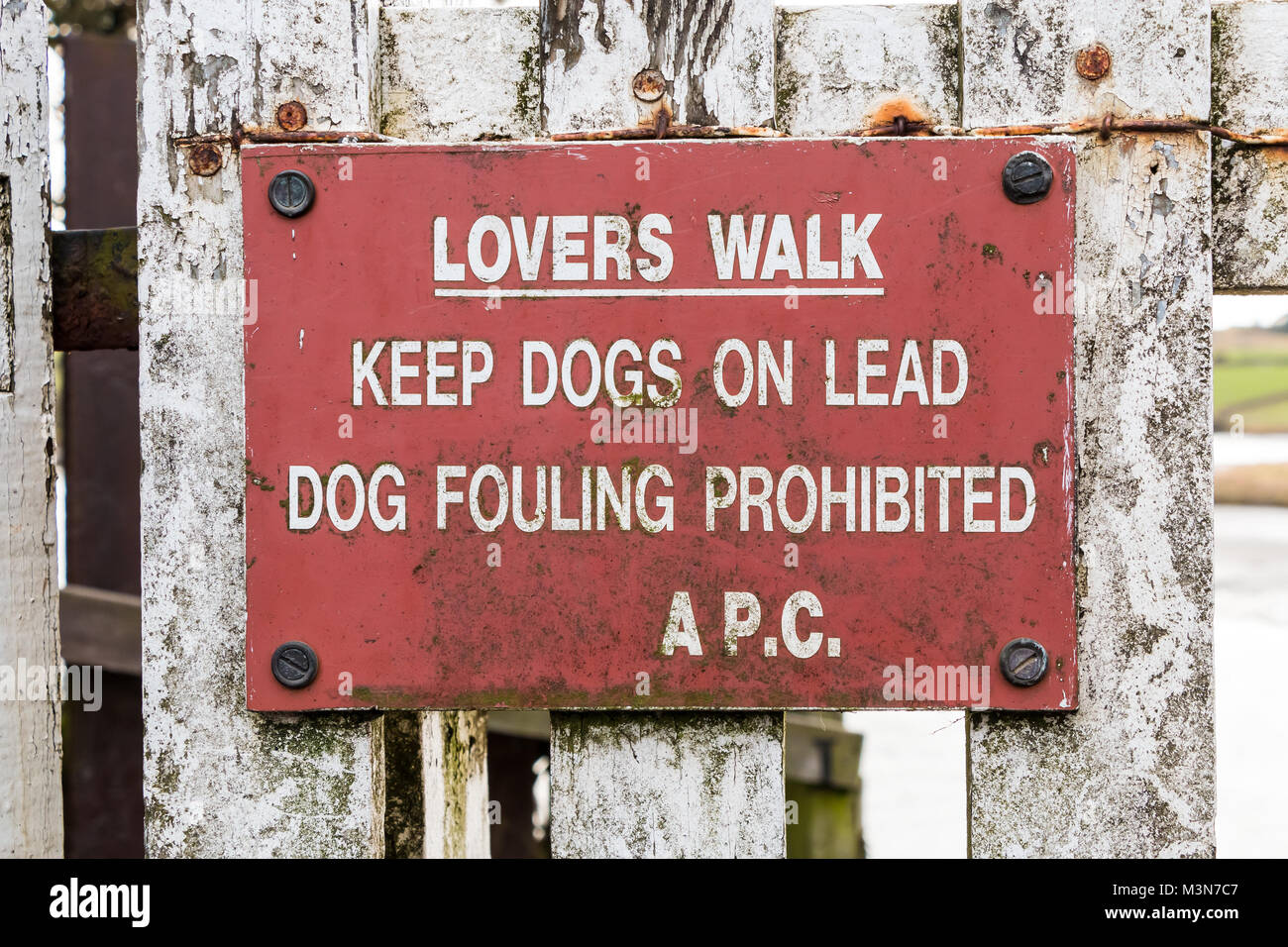 Avviso sul gateway verso il sentiero denominato 'Lovers Walk' istruire le persone a tenere i cani al guinzaglio e che il cane formazione di incrostazioni è vietata Foto Stock