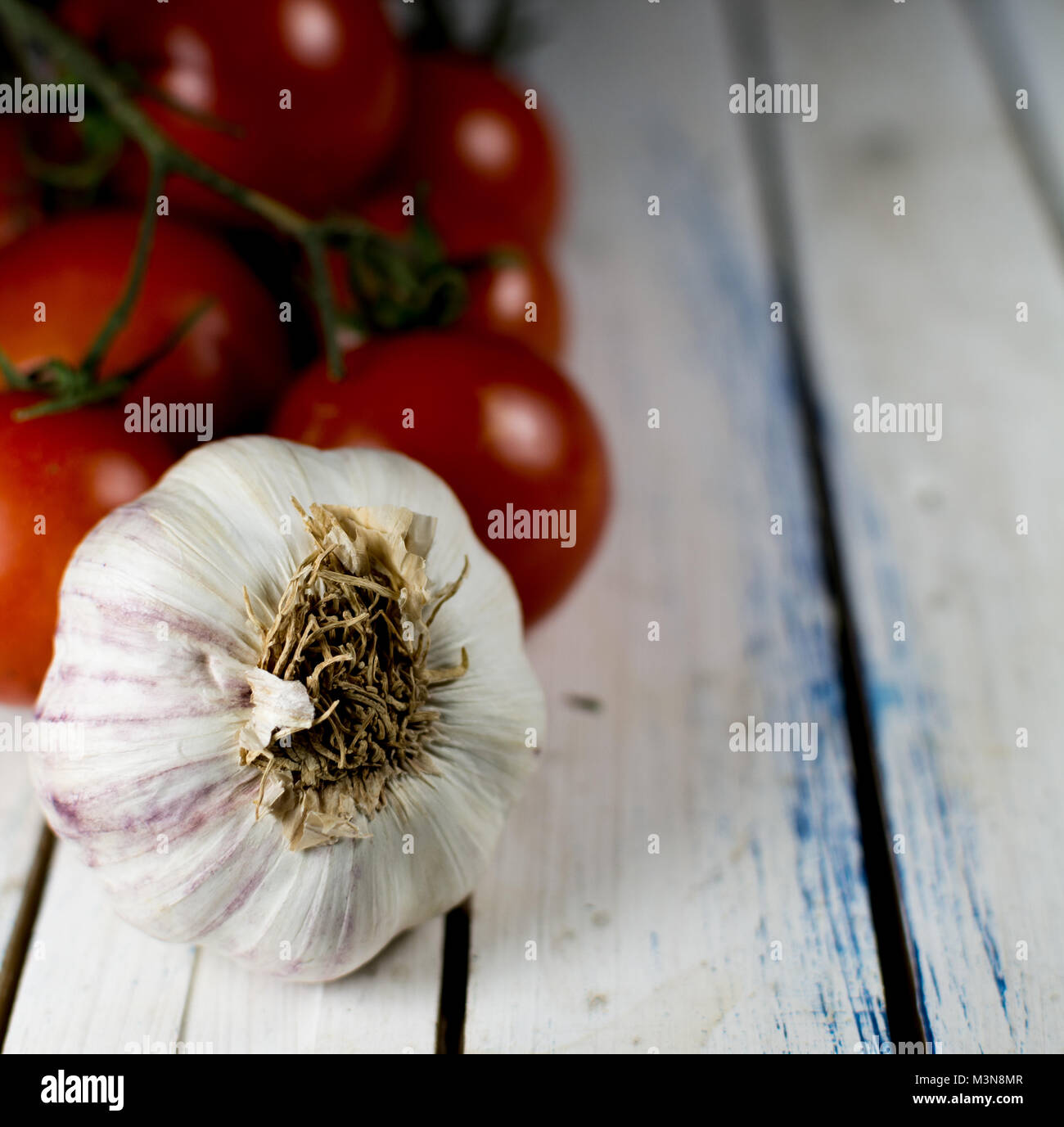 L'Aglio nella parte anteriore della vigna stagionati di pomodori ciliegini Foto Stock