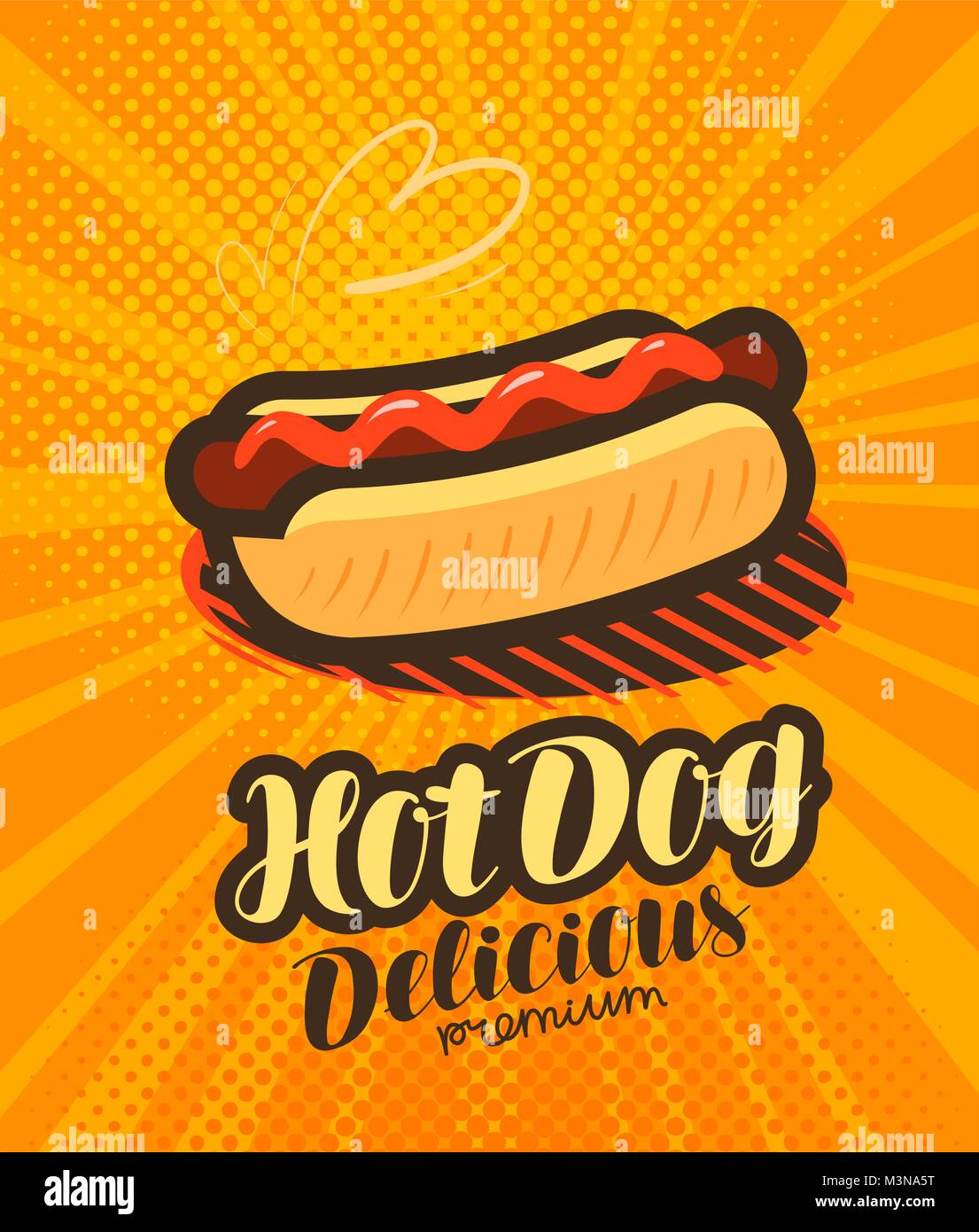 American Hot Dog, fast food poster. La Pop art rétro in stile fumetto. Fumetto illustrazione vettoriale Illustrazione Vettoriale