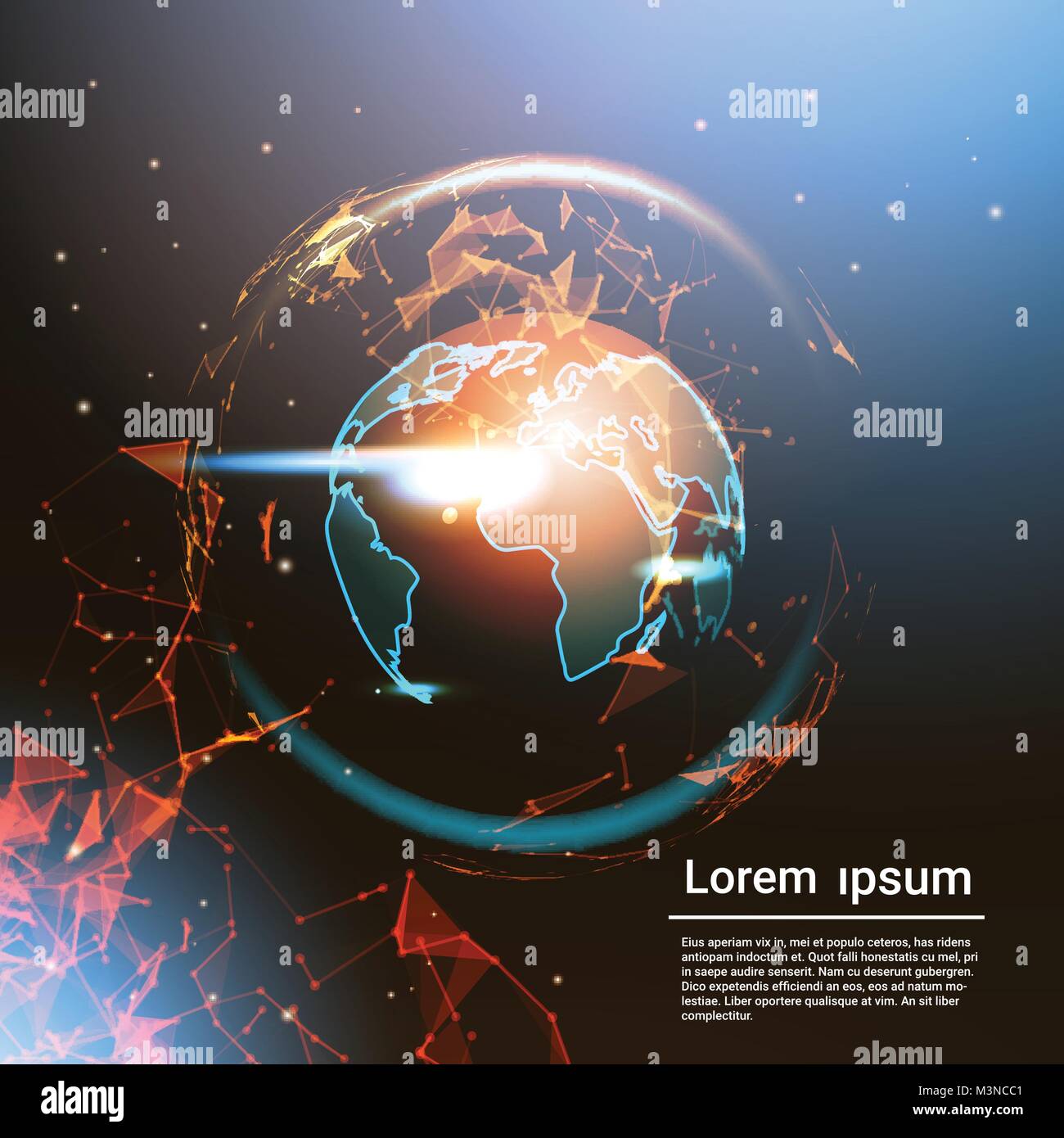 Massa poligonale globo incandescente sul modello con sfondo spazio copia bassa poli geometrica mappa mondiale Illustrazione Vettoriale